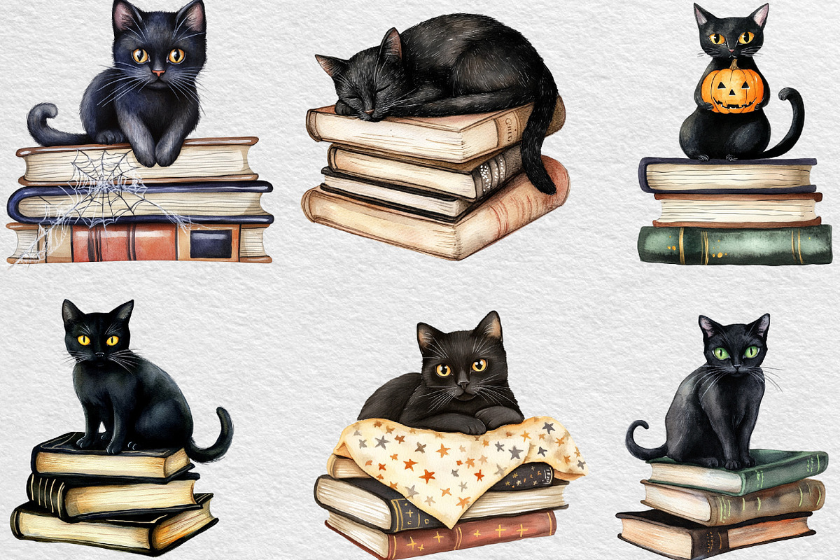 Halloween Black Cat On Books Clipart, an Illustration by Black Bird Studio (Photo 6 of 6)
