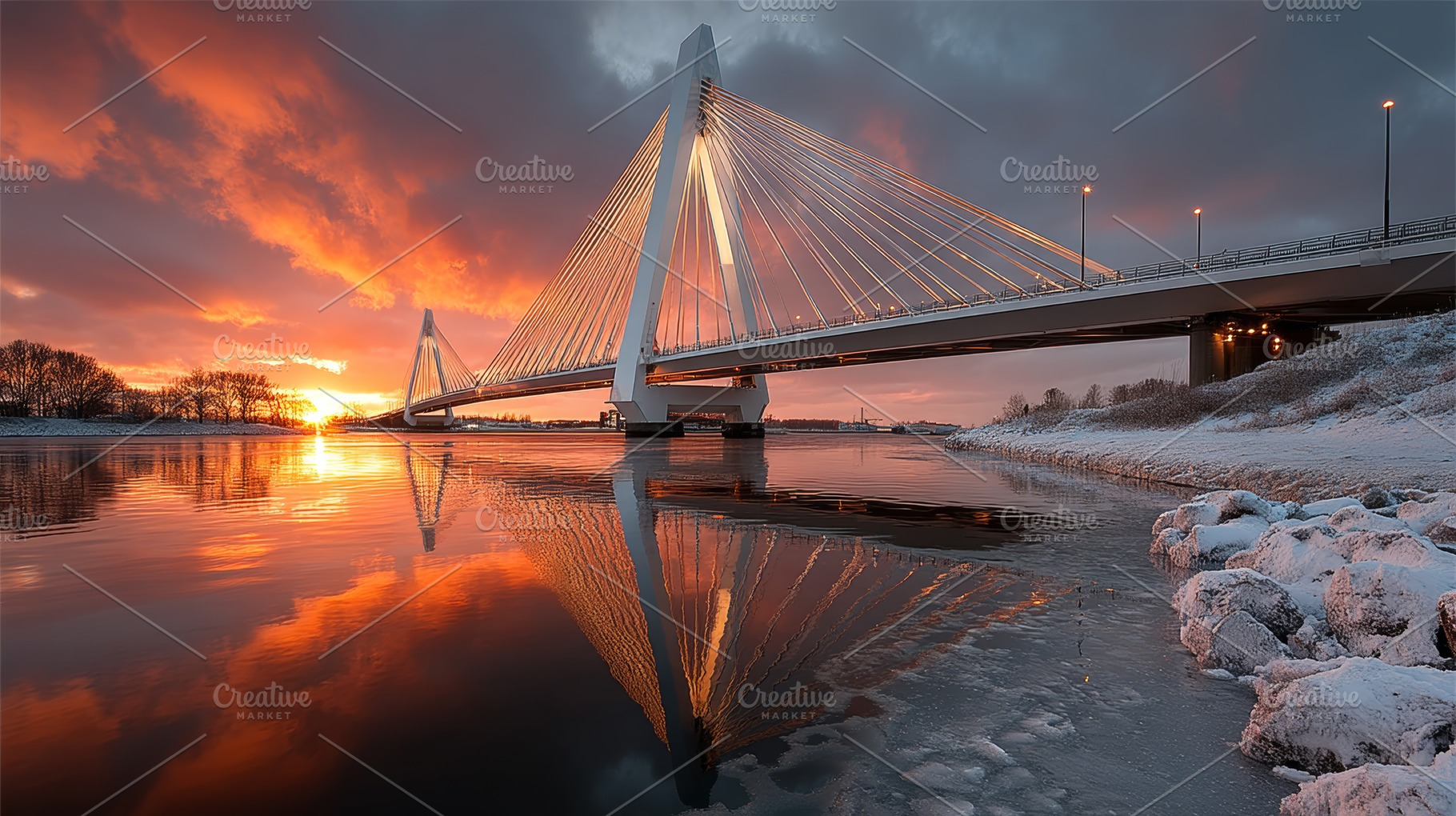Sunset reflecting on a frozen river with a modern cable-stayed bridge, an Industrial Photo by AS photostudio
