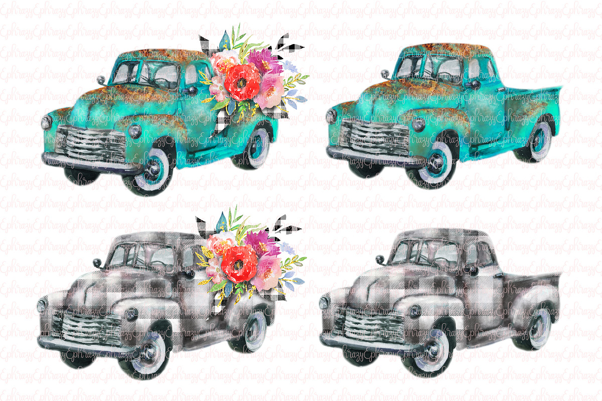 Turquoise truck, plaid. Watercolor, an Illustration by EphrazyGraphics