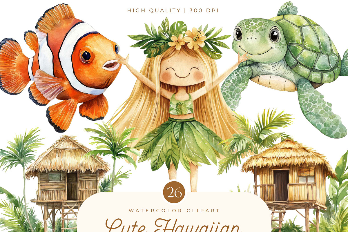 Watercolor Cute Hawaiian Clipart, an Object Illustration by SparkyDesignsUS (Photo 1 of 9)