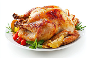 Tasty roasted turkey in plate on white background. Thanksgiving day, a Food & Drink Photo by AlyaAnd