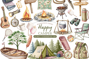 Watercolor Retro Camper Clipart, an Illustration by MockupWizard