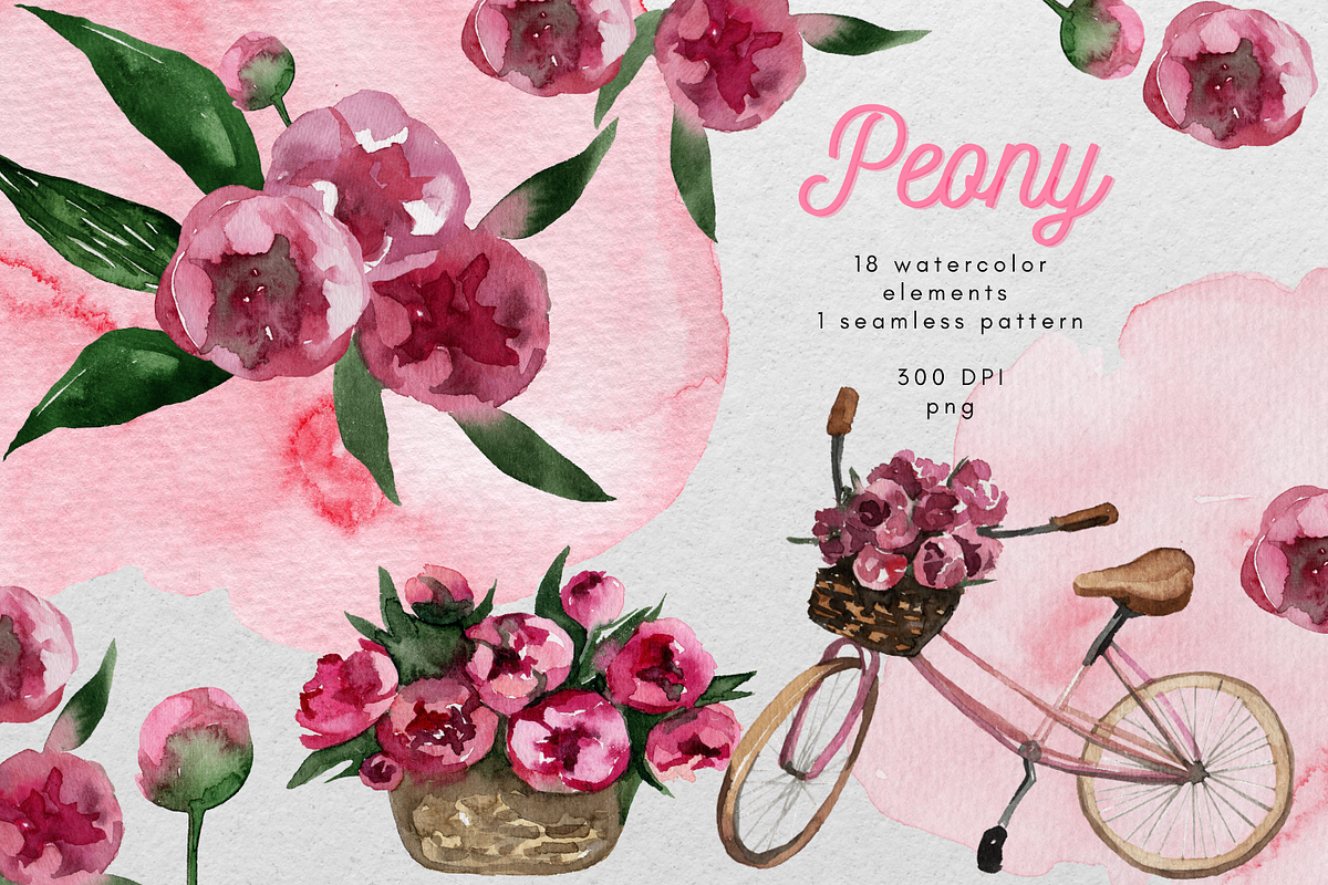 Pink peony flowers watercolor, an Illustration by Artcard Watercolor (Photo 1 of 6)
