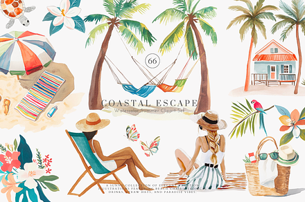 watercolor beach clipart collection, a Decorative Illustration by Patishop Art