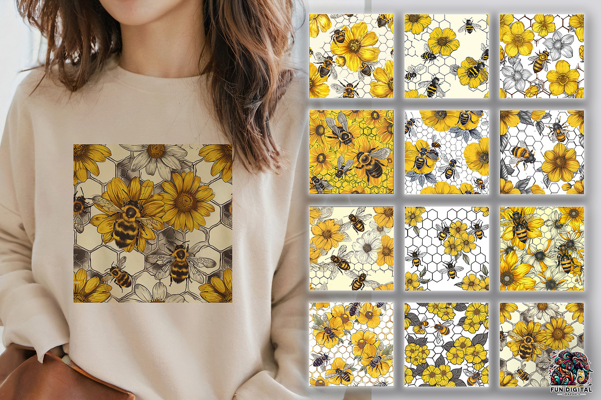 Seamless Honey Bee Digital Paper, a Pattern Graphic by Fun Digital