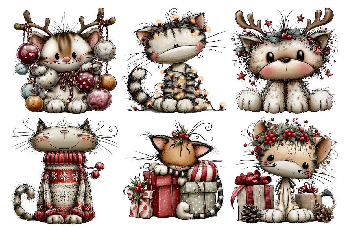 Christmas Whimsical Cat Clipart, a Seasonal Illustration by Creative Art (Photo 3 of 7)