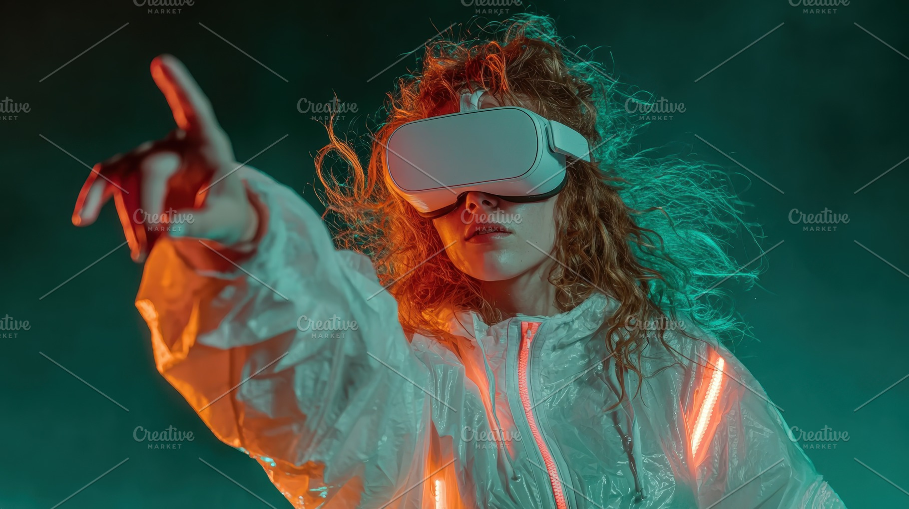 Woman in VR headset reaching into vi, a Photo by Pixeness Studio