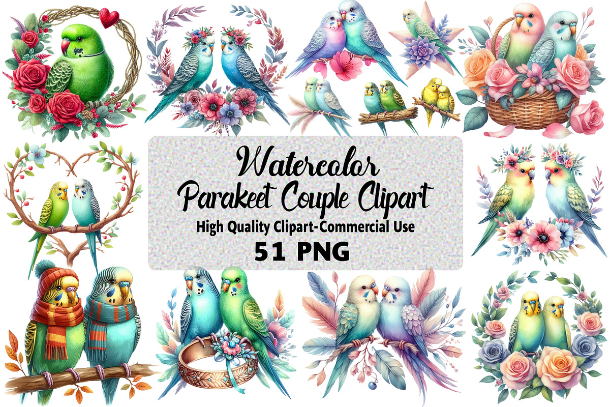 Watercolor Parakeet Couple Clipart, an Illustration by Daily.Designs (Photo 1 of 5)
