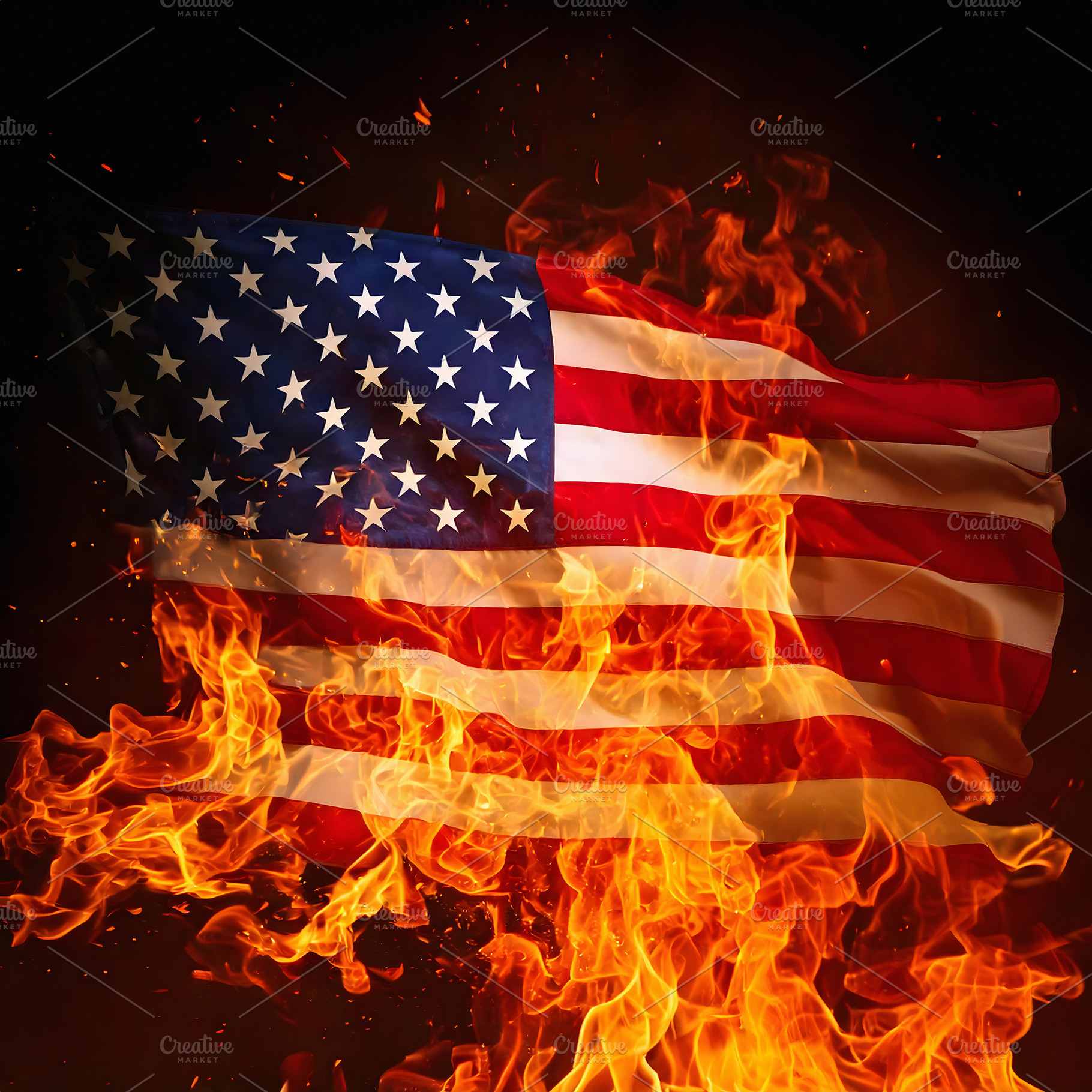 American flag burning with intense flames and dark background, an Abstract Photo by GoodGoods