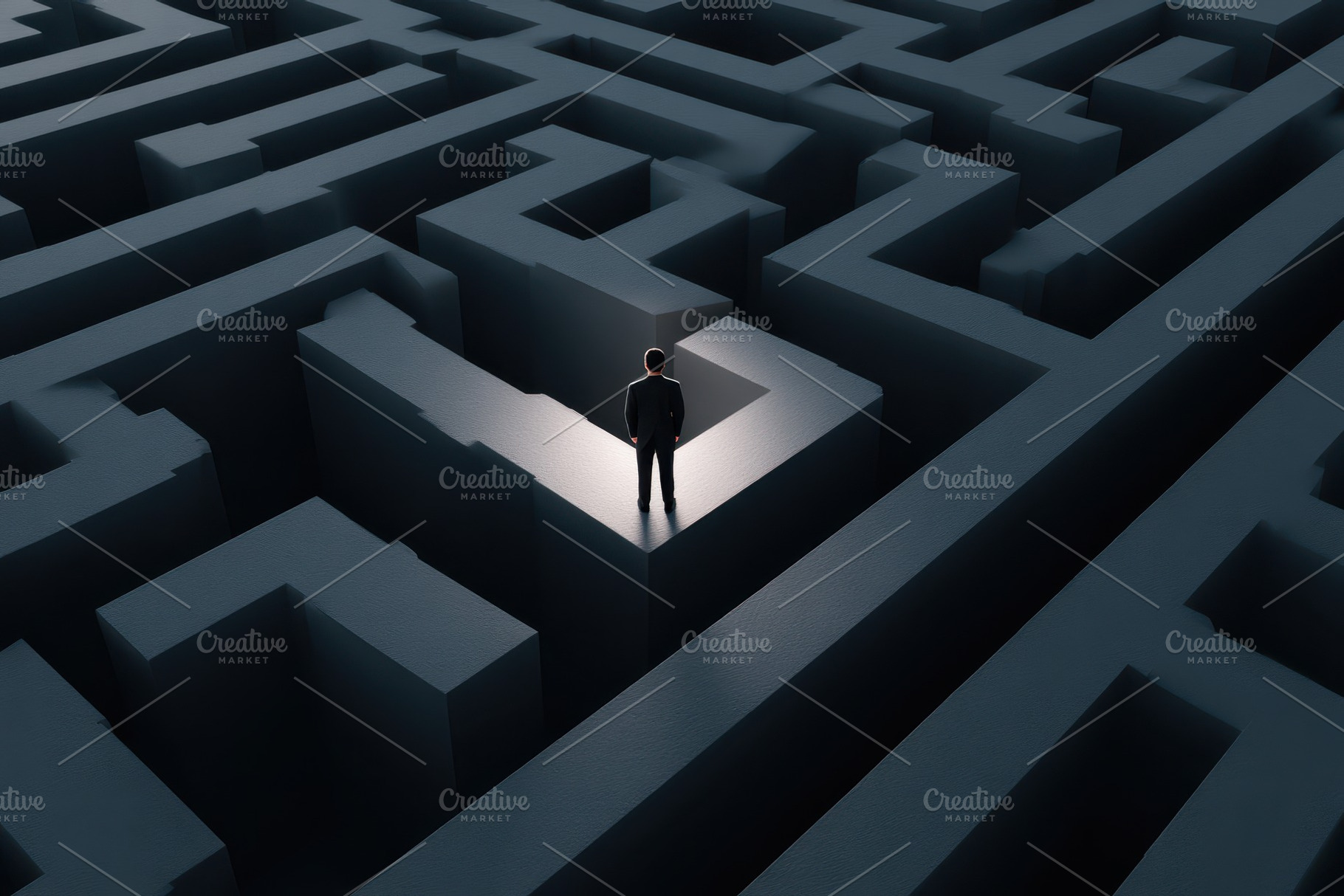 Businessman at crossroads in a dark maze, an Abstract Photo by AlyaAnd