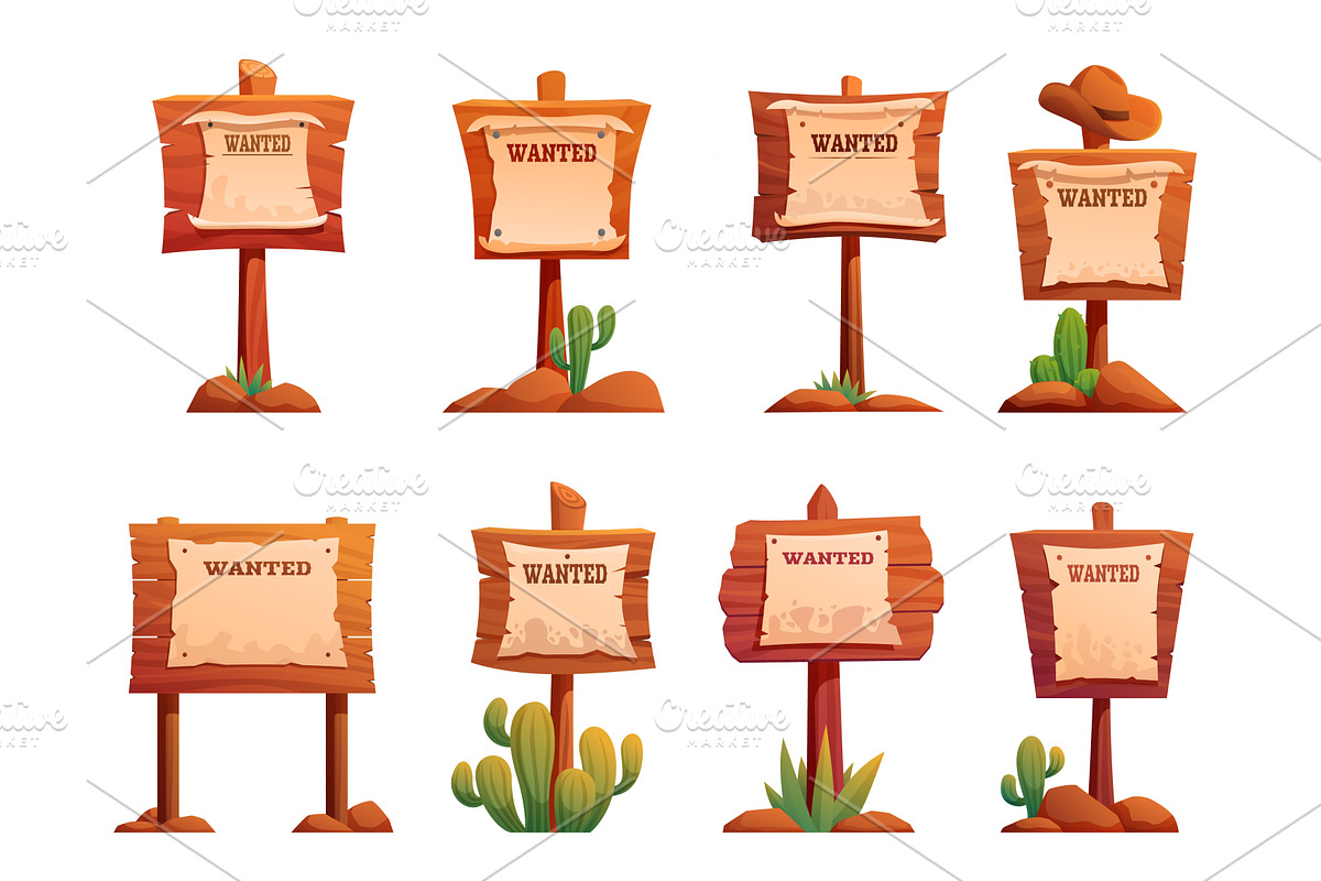 Wooden wanted cartoon billboards, an Object Illustration by Valerie Bodnar