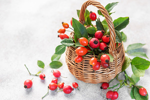 Wicker basket overflowing with freshly picked rose hips and gree, a Food & Drink Photo by Olena Rudo
