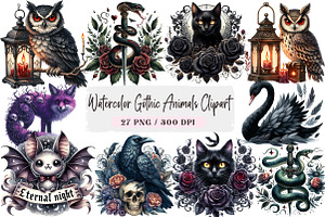 Watercolor Gothic Animals Clipart, an Illustration by DreamArtGraphic