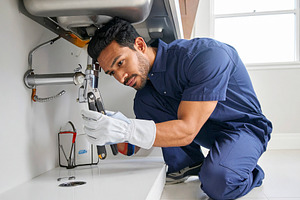 Man plumber fixing pipes under a sink., an Industrial Photo by DanFLCreativo