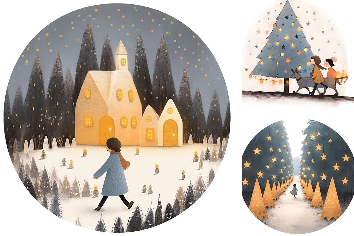 8 Christmas cute girl grey trees, a Seasonal Illustration by ARTOZEN DIGITAL (Photo 2 of 15)