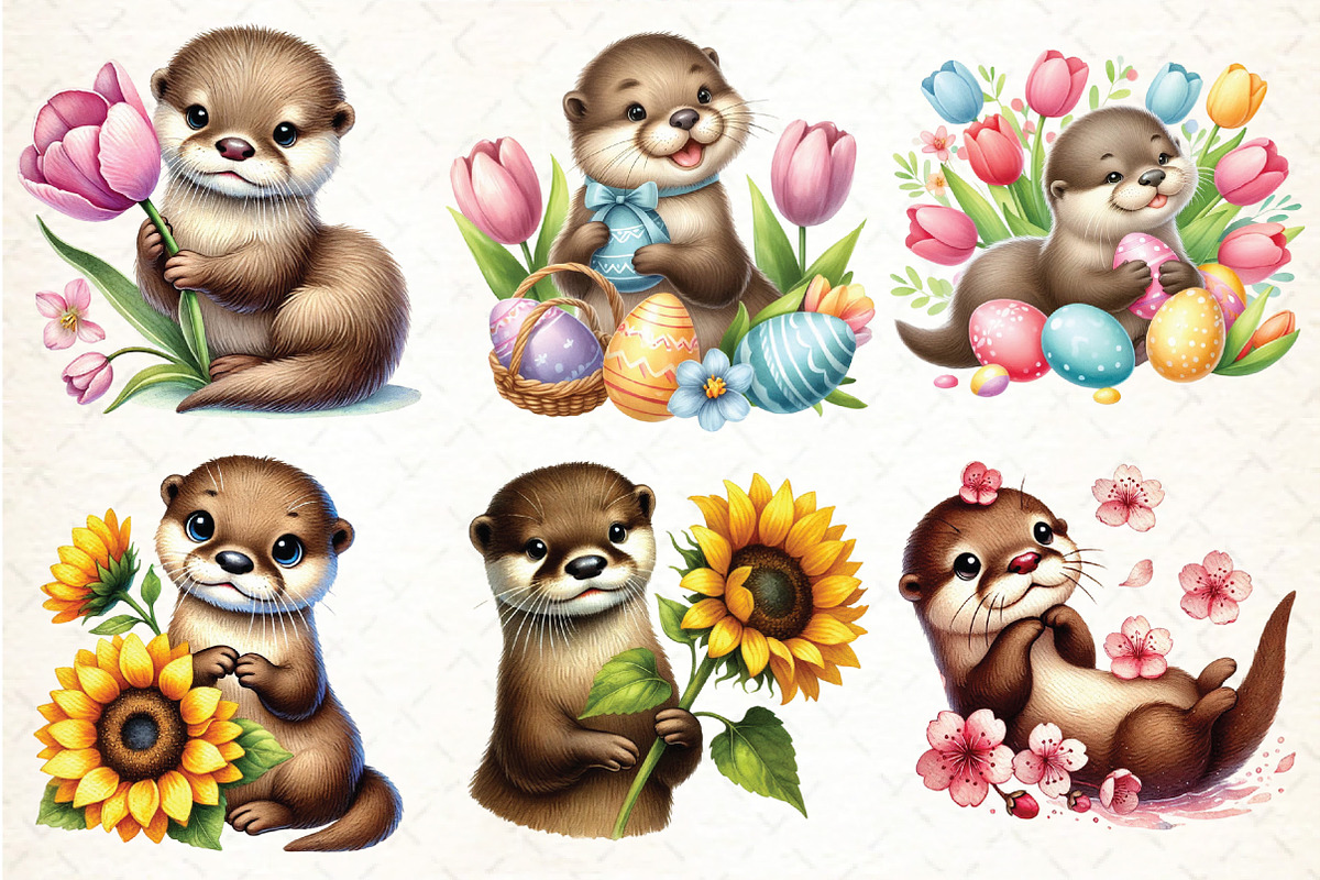 Watercolor Spring Otter Clipart, an Illustration by DreamCafeArt (Photo 2 of 3)