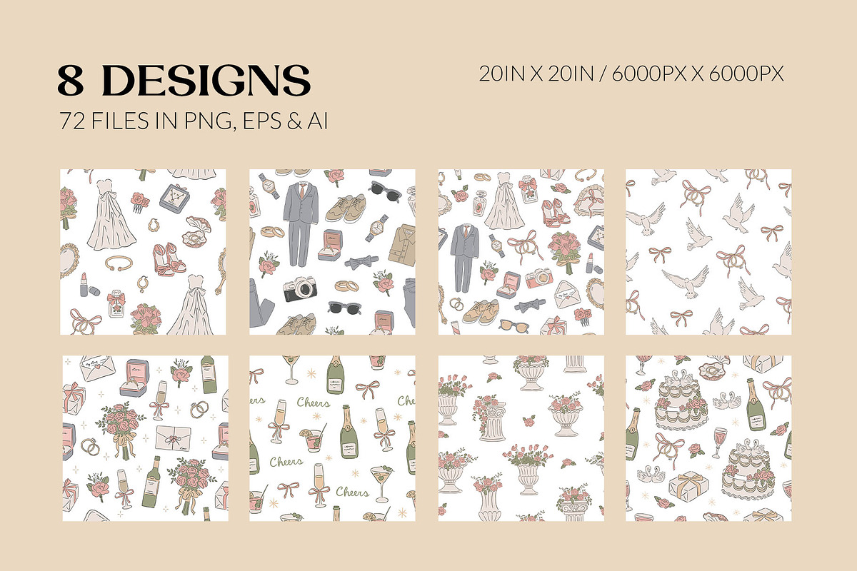 Hand drawn Wedding pattern bundle, a Pattern Graphic by CreativeChristiana (Photo 2 of 14)