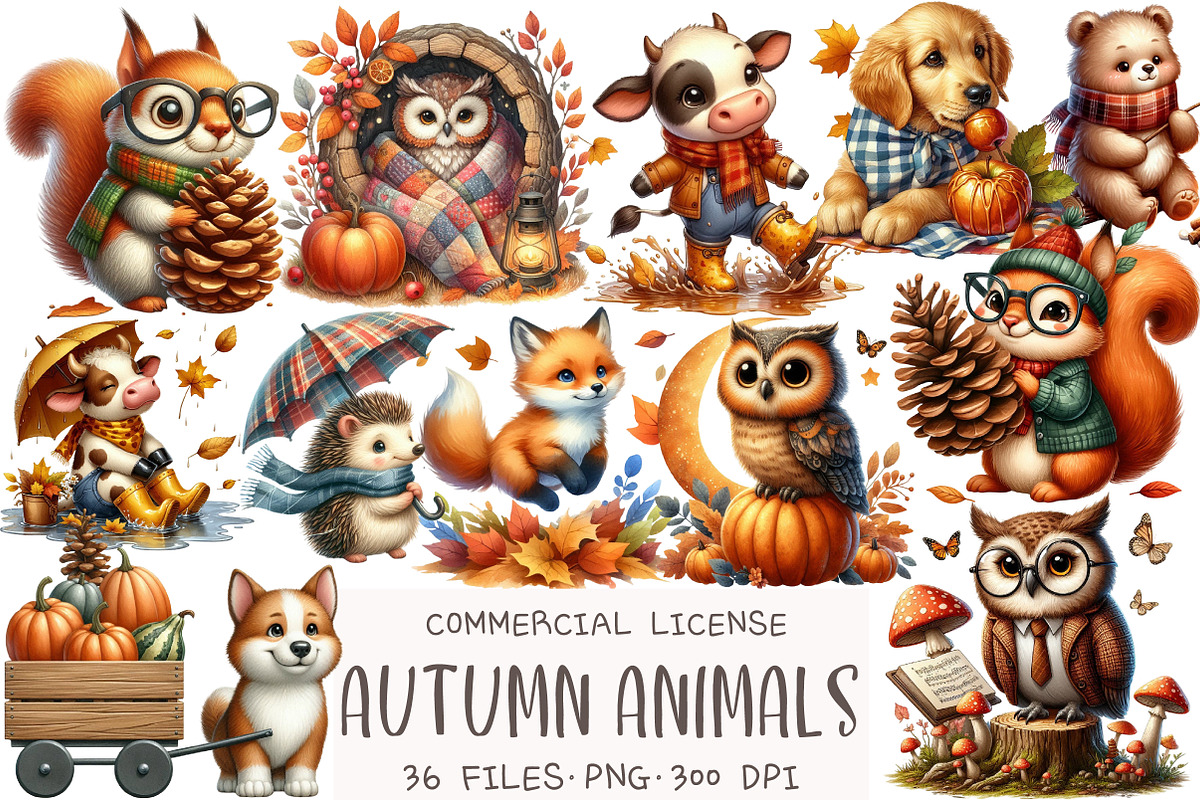 Watercolor Autumn Animals Clipart, an Illustration by OK Design (Photo 1 of 5)