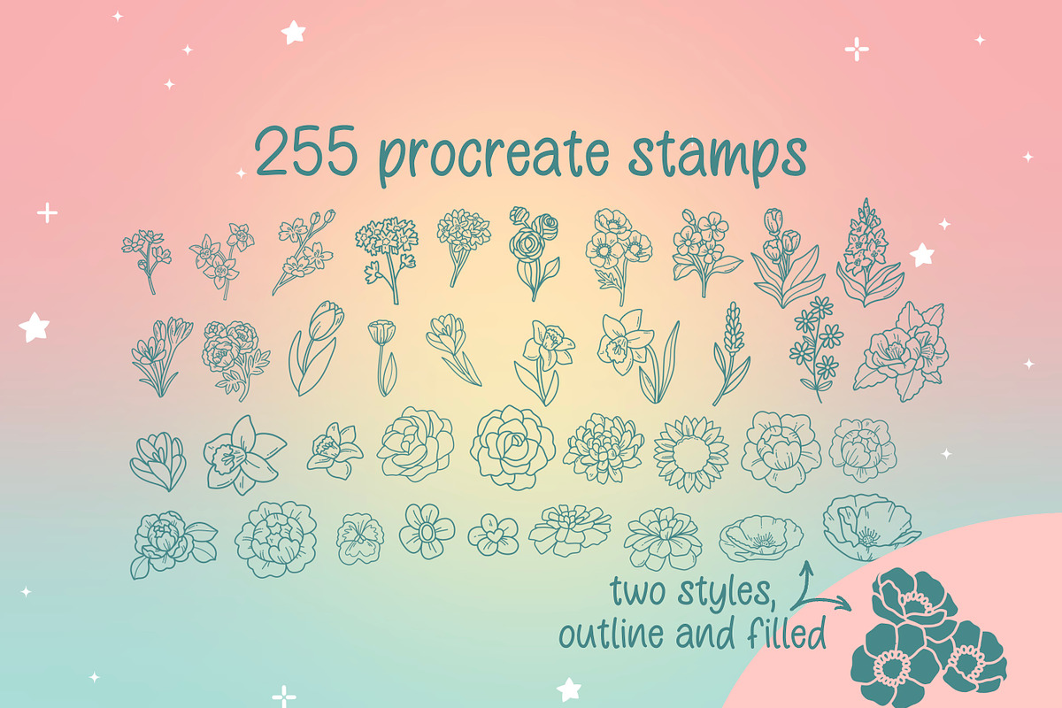 250+ Procreate kawaii flower stamps, a Brush Add-On by laura.design (Photo 2 of 7)