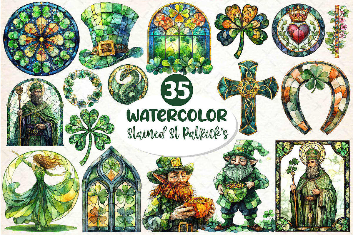 Stained Glass St Patrick's Clipart, an Illustration by Dream Creation (Photo 1 of 4)
