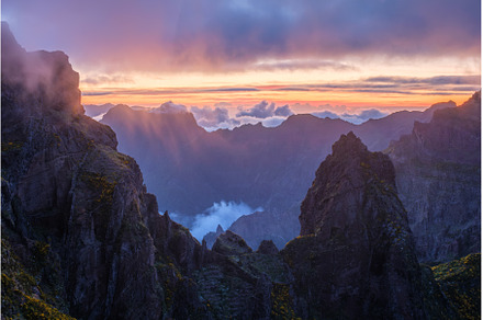 Mountains on sunset covered in fog, a Nature Photo by f9photos