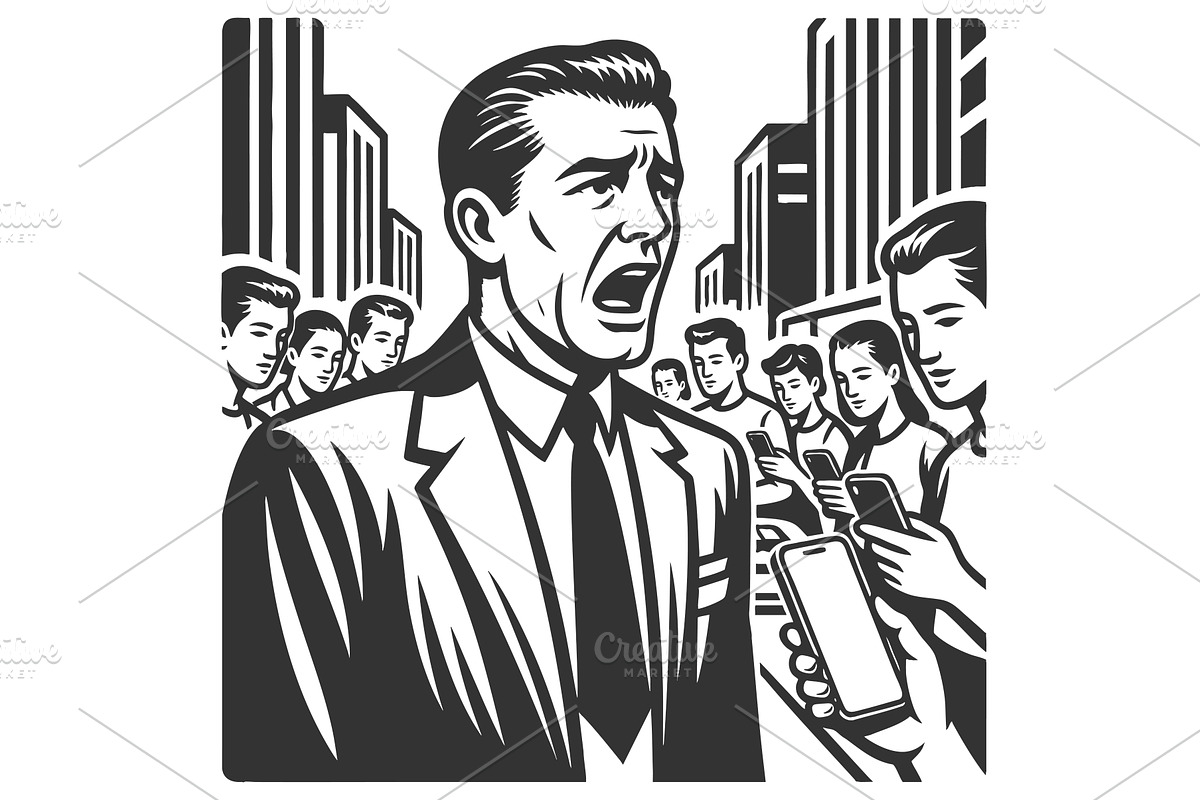 Man shouting in crowd lost in, a Person Illustration by AlexArt