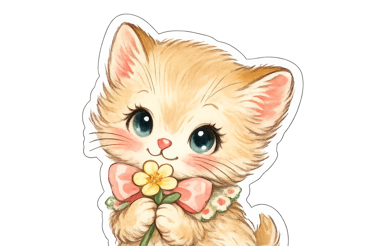 Retro vintage kitten with flower in, an Illustration by Dvoevnore photos