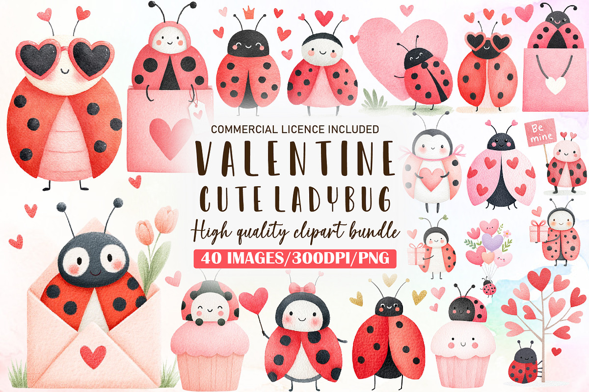 Cute Ladybug Valentine Clipart, an Illustration by Sublimation Artist (Photo 1 of 6)