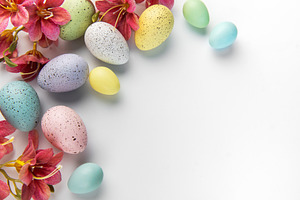 Colorful easter eggs and spring flowers border, a Holiday Photo by Olena Rudo