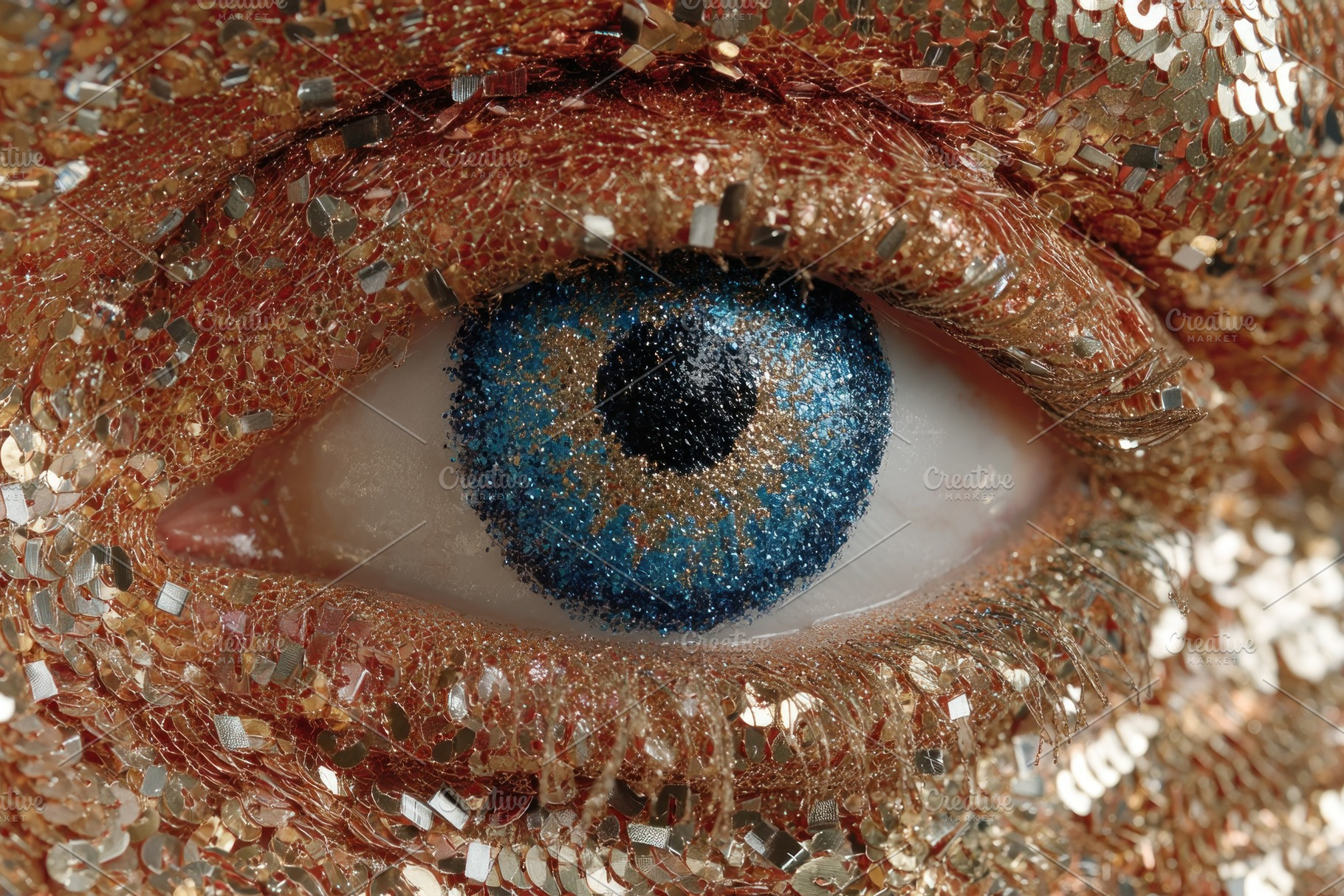 Macro close up of blue human eye with ornate golden mosaic and p, a Holiday Photo by José Manuel Gelpi