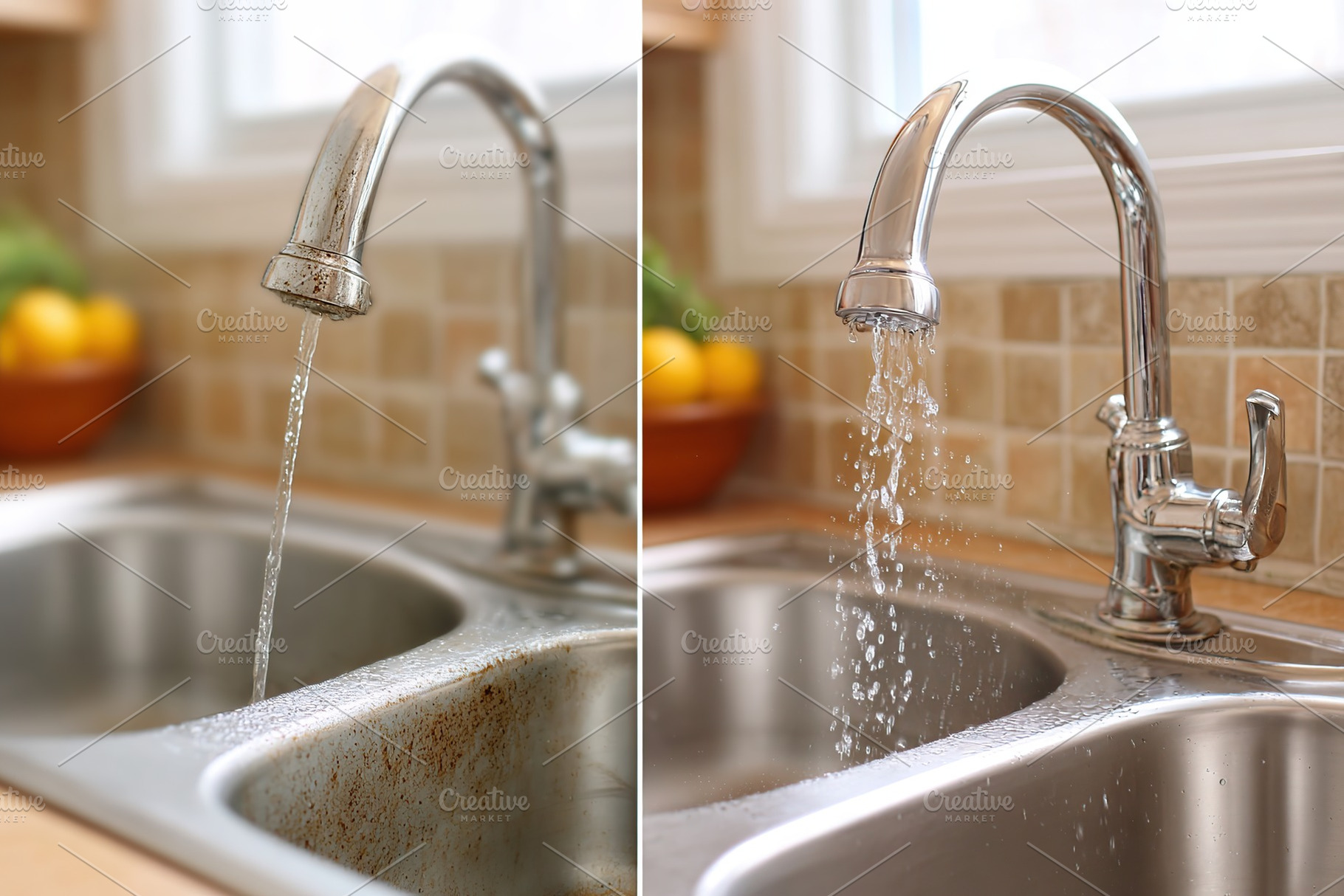 Before and after cleaning a kitchen faucet and sink showing improved water flow, a Photo by AlyaAnd