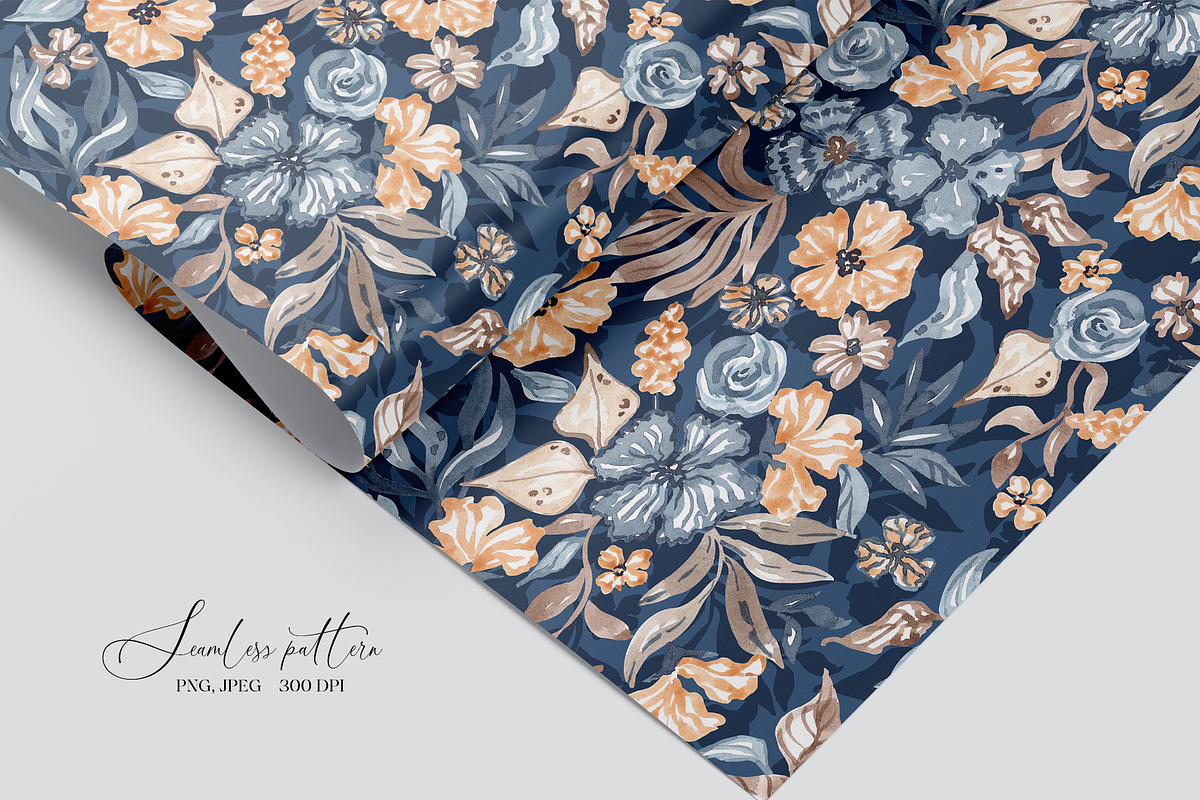 Navy Watercolor Floral Pattern, a Pattern Graphic by SirenaArt (Photo 6 of 12)