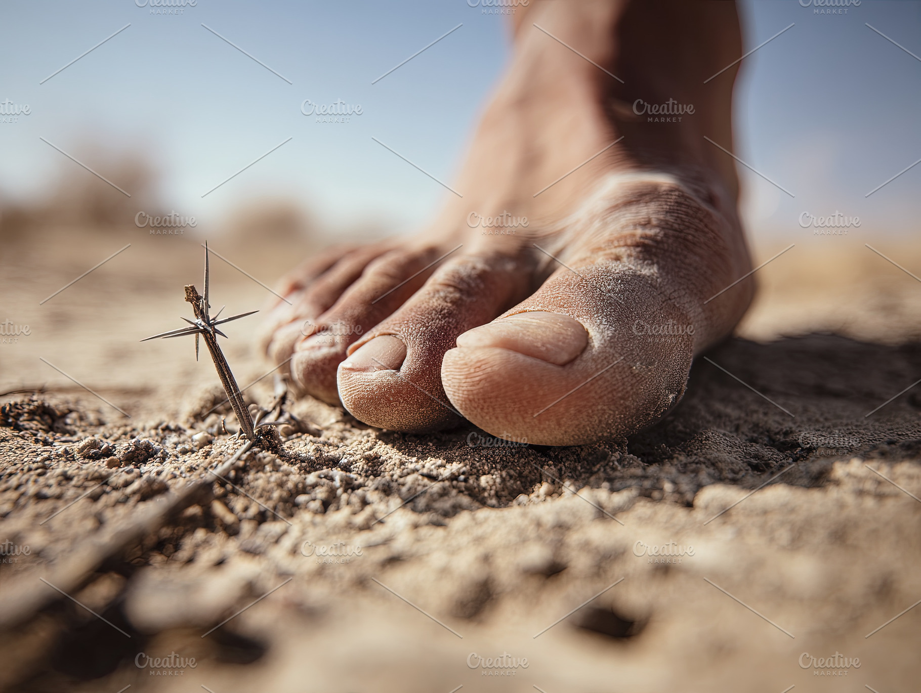 Close-up of dusty bare feet carefully walking near a sharp thorn, a Person Photo by Ales Munt