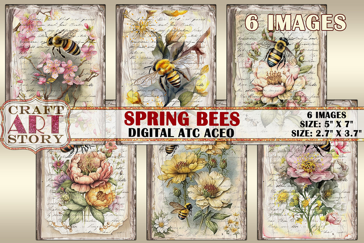 Spring bees card set,Collage insects, a Decorative Illustration by CraftArtStory (Photo 1 of 3)