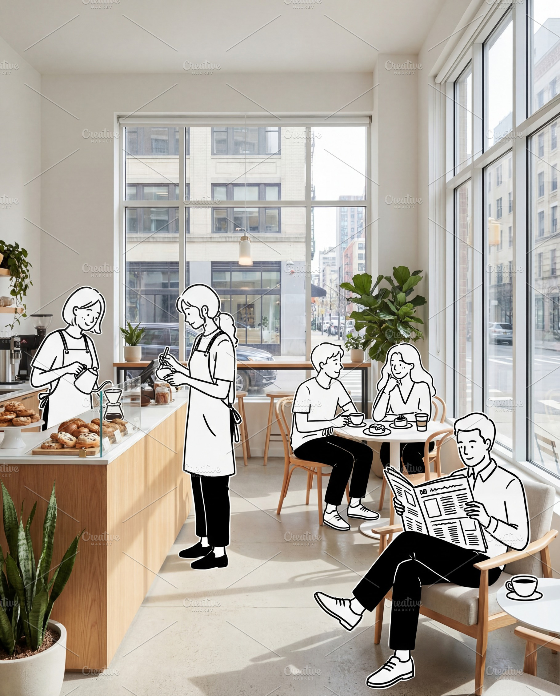 Cafe Interior & hand-drawn people, a Business Photo by Virgo Studio