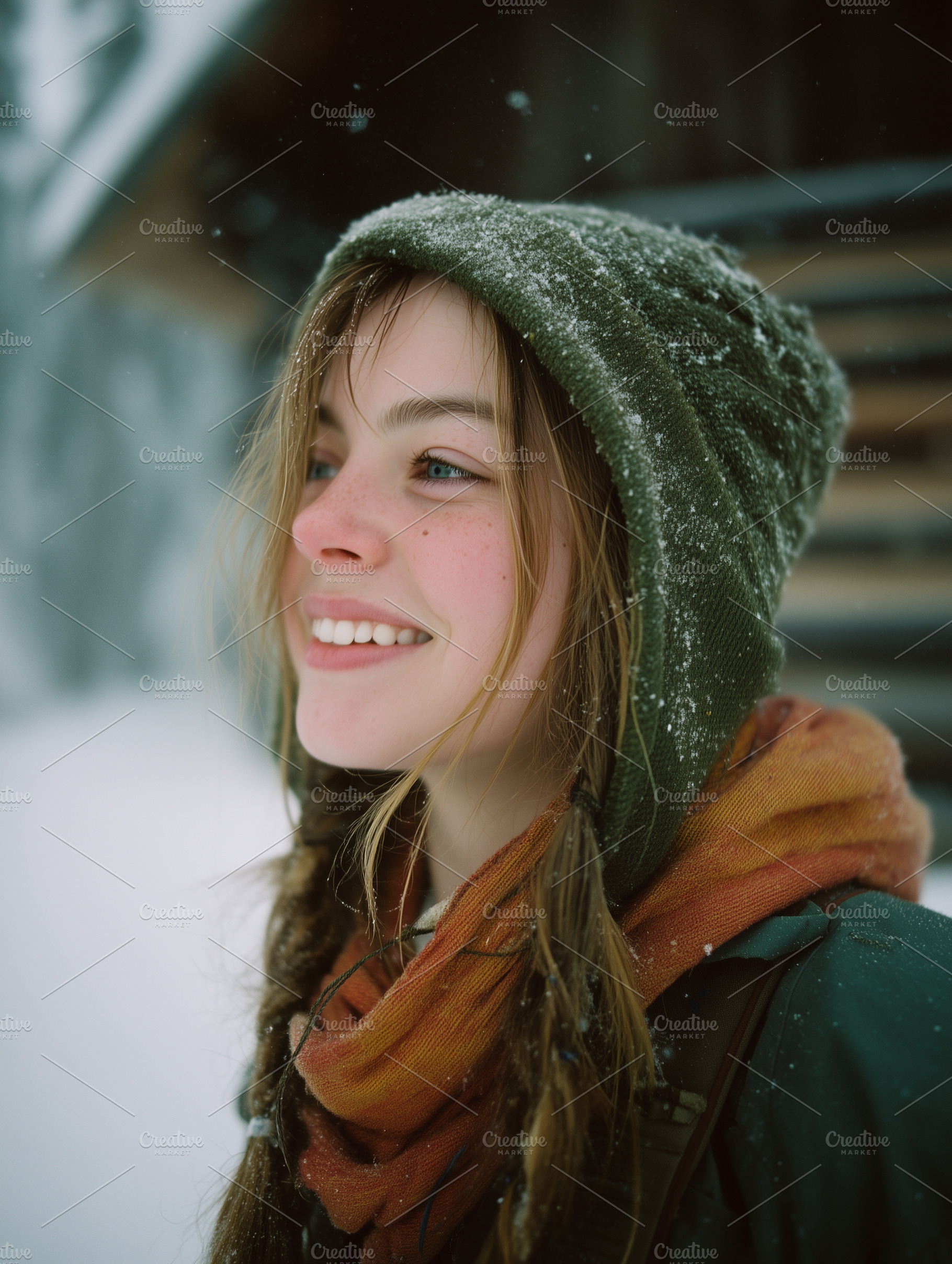 Girl Smiling Outside of Snowy Cabin, a Person Photo by k.tay