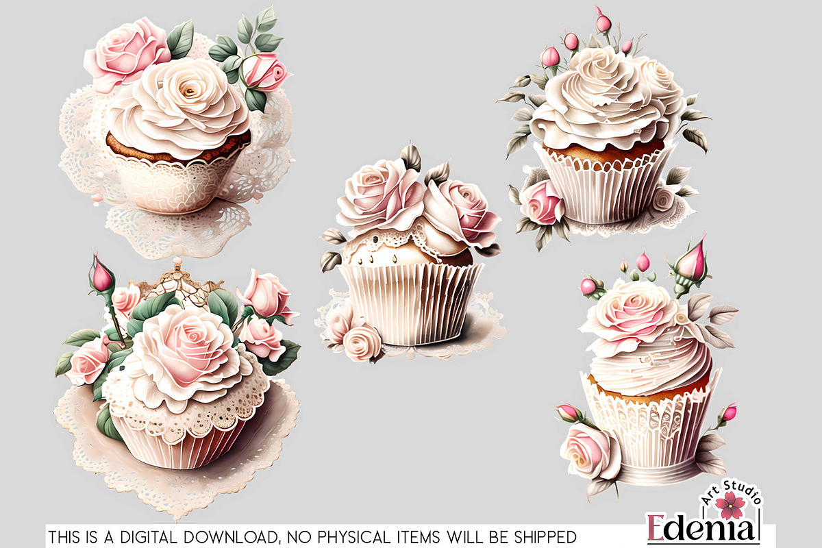 Vintage Romantic Cupcakes Cliparts, a Food Illustration by EdeniaArtStudio (Photo 4 of 5)