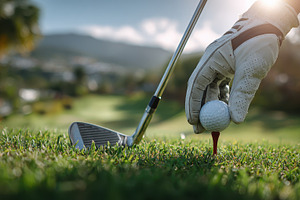 Golfer placing golf ball on tee at s, a Photo by Pixeness Studio