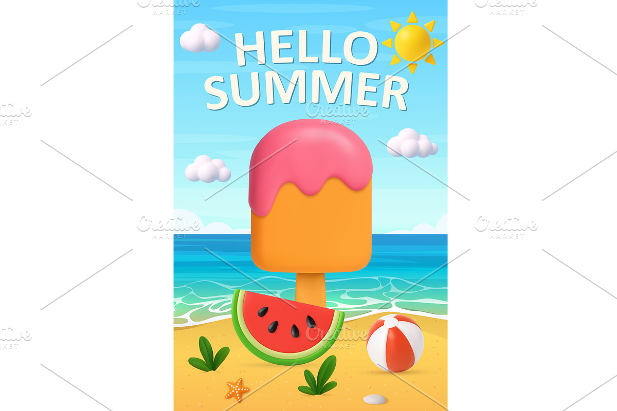 3D Hello Summer Beach Scene with Ice, an Object Illustration by ModVector