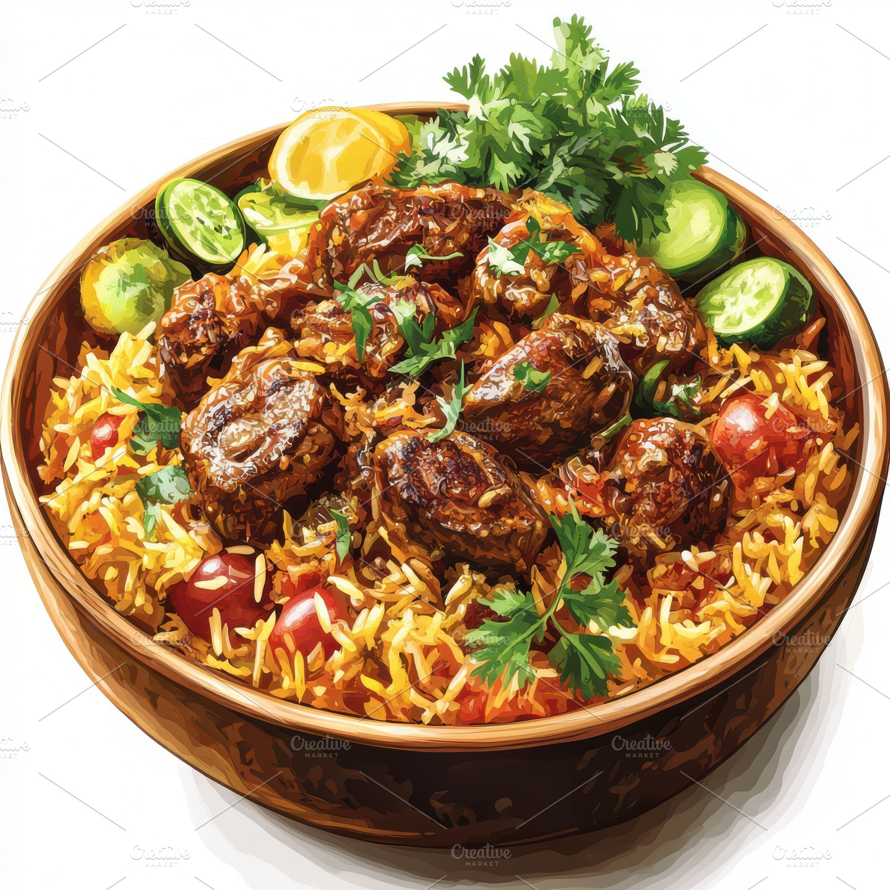 Delicious lamb biryani garnished wit, a Food & Drink Photo by Pixeness Studio