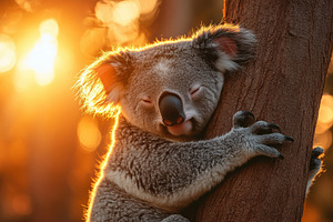 Koala hugging tree at sunset golden, an Animal Photo by Pixeness Studio