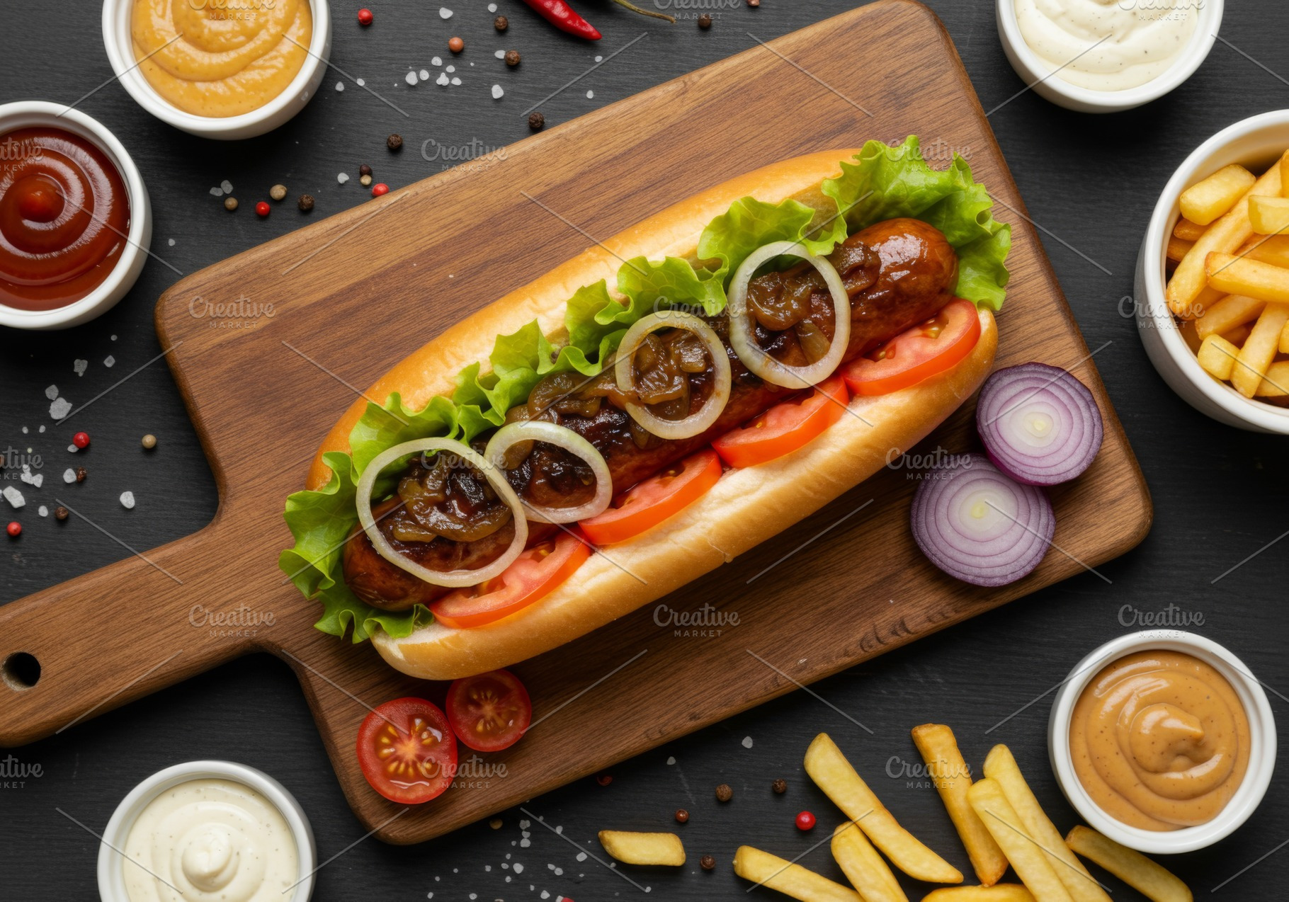 Gourmet hot dog with lettuce, tomato, a Food & Drink Photo by professorinc