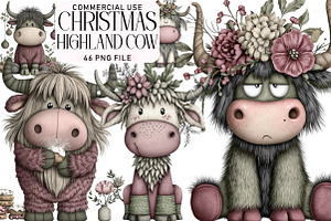Christmas Highland Cow Clipart, an Illustration by Daily.Designs