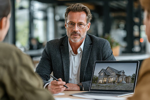 Realtor presenting house design to c, a Photo by Pixeness Studio