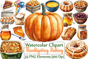 Thanksgiving Baking Watercolor Clipa, an Illustration by DreamCafeArt