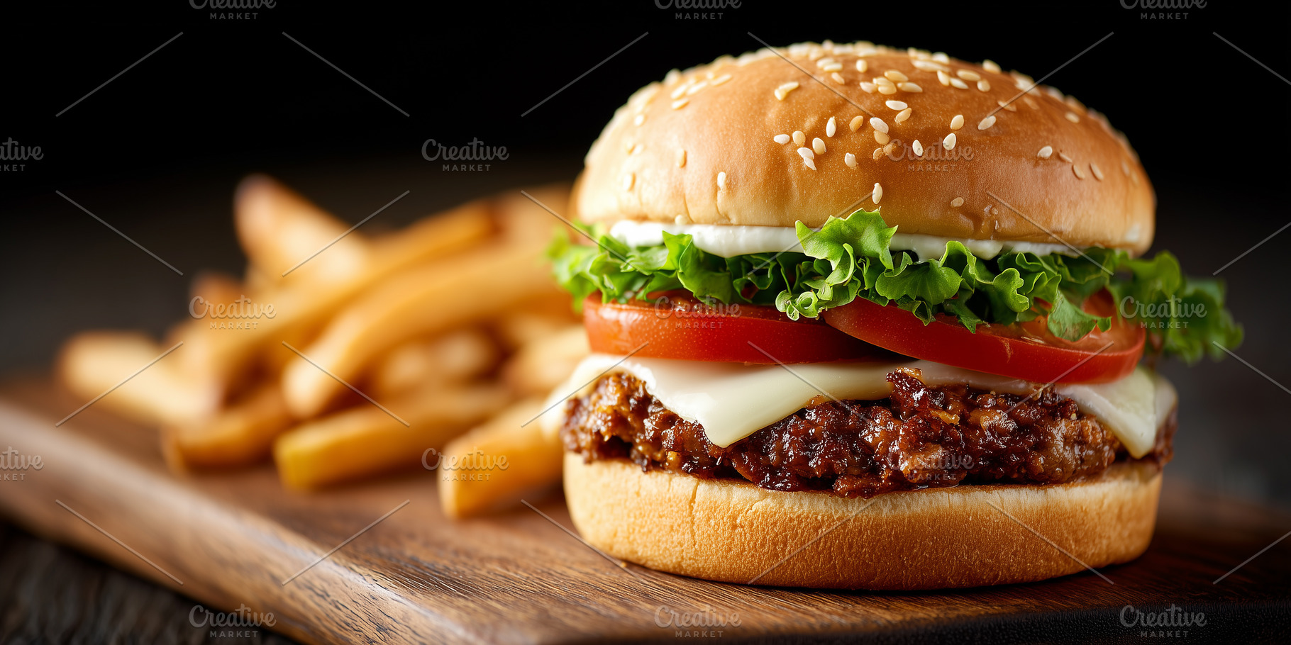 Juicy cheeseburger with beef patty, a Food & Drink Photo by MistyDay
