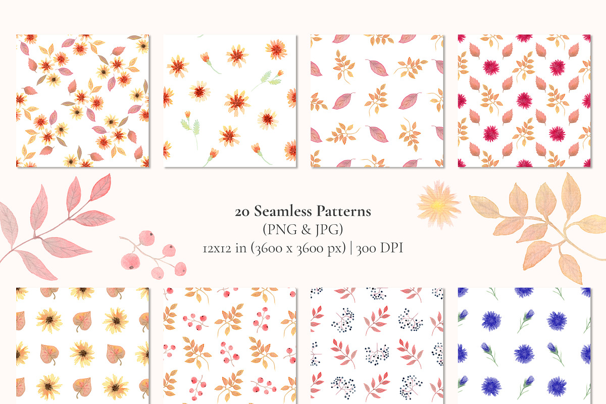 Autumn Watercolor Clipart & Patterns, a Decorative Illustration by Nadia Semyroz (Photo 7 of 19)