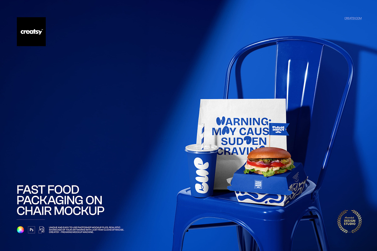 Fast Food Packaging on Chair Mockup, a Packaging Mockup by creatsy5 (Photo 1 of 5)
