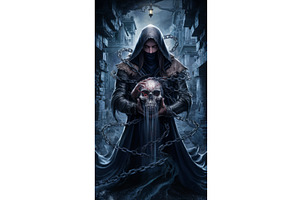 Eerie Hooded Figure Holding Skull