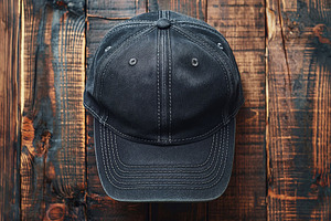 A close-up view of a worn black baseball cap on a rustic wooden surface., a Background Photo by ImageMir